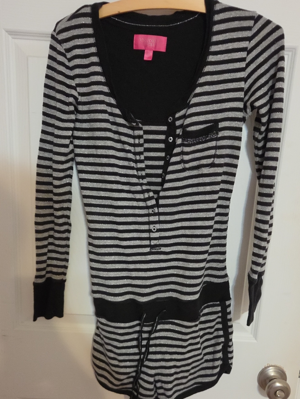 Victoria Secret Vintage Y2K Black and Gray Striped V-Neck Henley PJ Romper Small